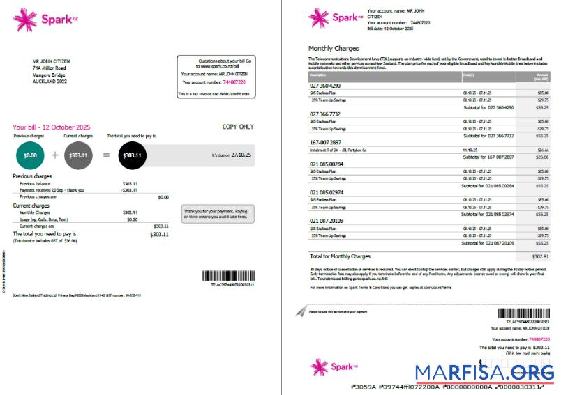 Downloadable New Zealand Spark utility bill template in Word and PDF formats, 2 pages, version 2